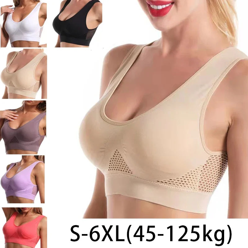1Pcs Women Sports Bra Large Size No Steel Ring Seamless Underwear Removable Chest Pad Runing Sport Hollow Mesh Vest Bras